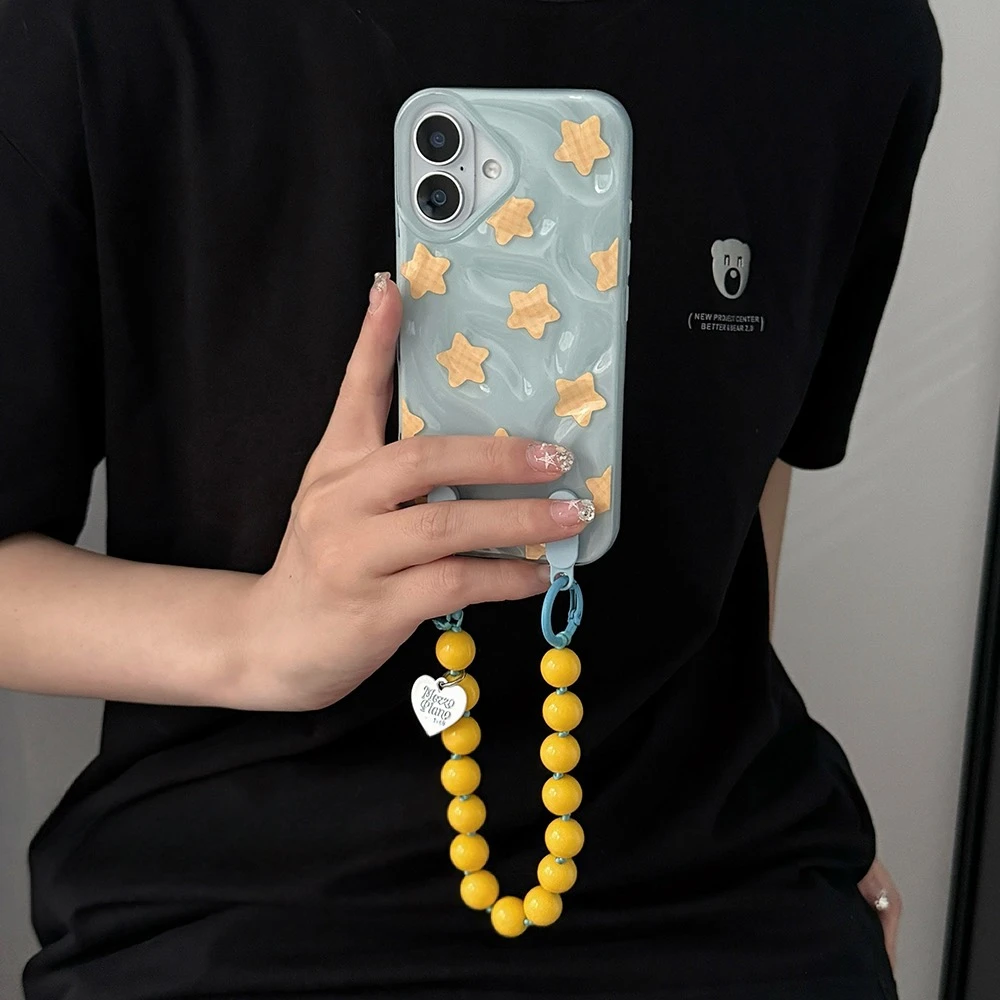 韩系褶皱纹黄五角星适用iPhone16promax苹果15手机壳13新款14pro