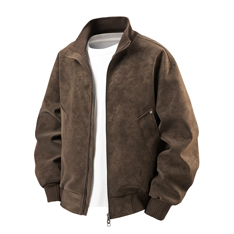 美式扎染PU皮衣外套春秋季宽松潮流立领复古百搭短款夹克潮康帝奇