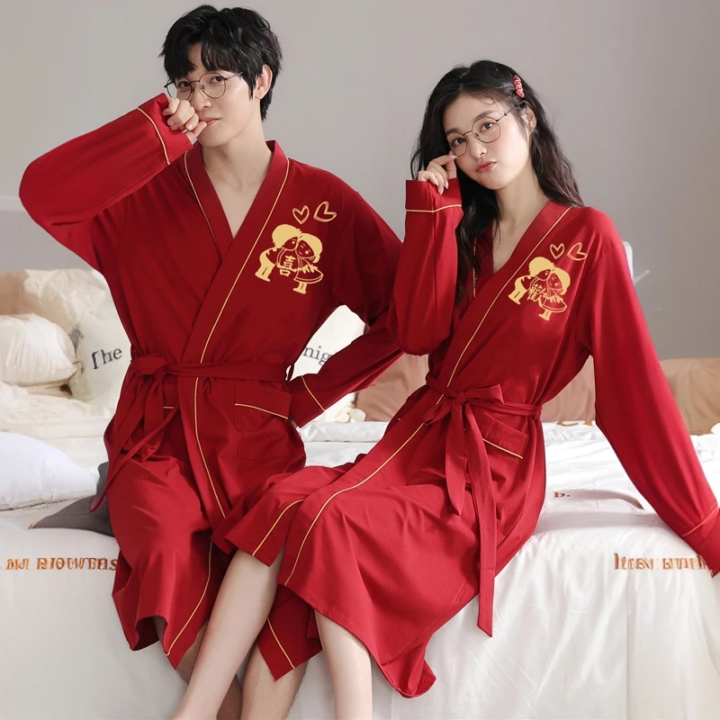 FANCBUDY纯棉情侣睡袍春秋大红结婚睡衣本命年绑带男女家居服
