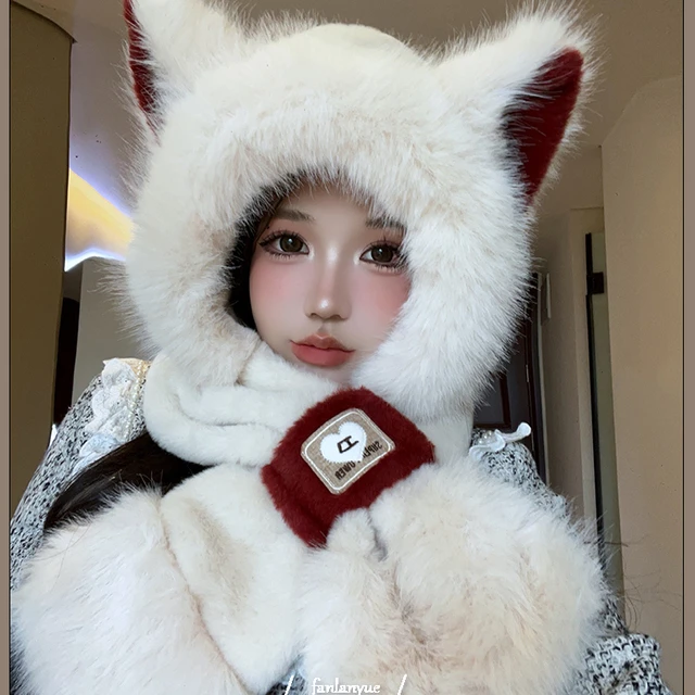 可爱毛茸茸狐狸耳朵帽子围巾一体女冬防寒围脖连帽学生骑车护耳帽