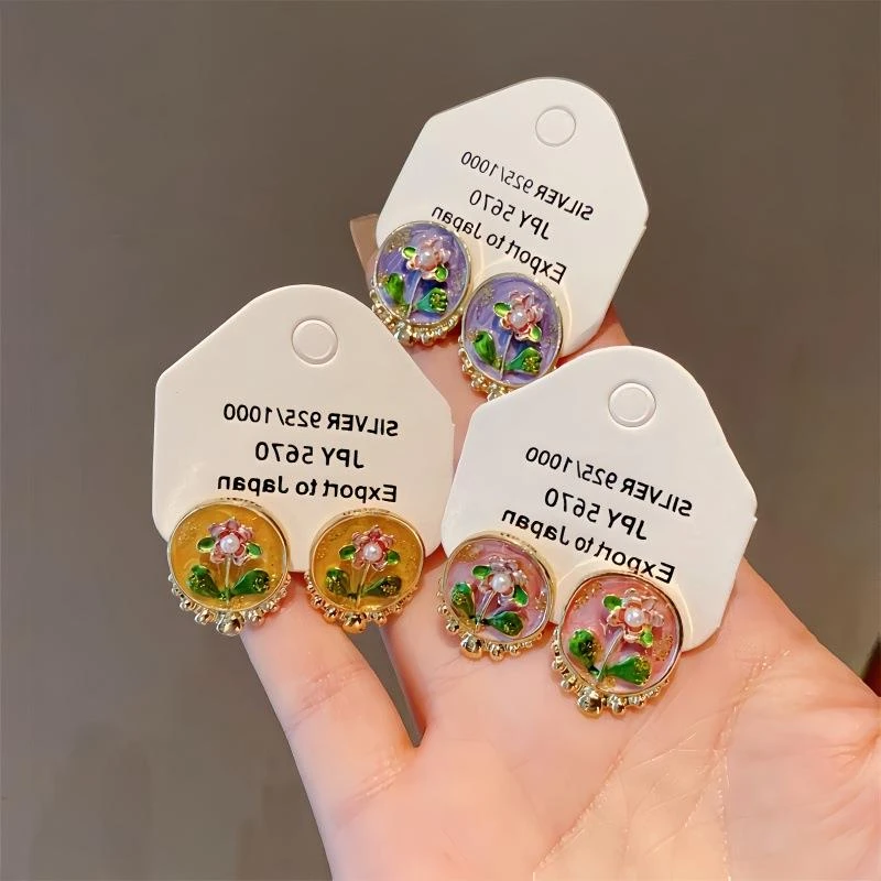 铜合金锆石耳饰 莫奈花园油画耳环女轻奢高级感耳钉新款爆款气质