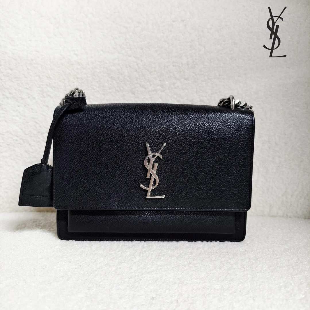 99新 YSL/圣罗兰 荔枝纹黑银日落中号斜挎包