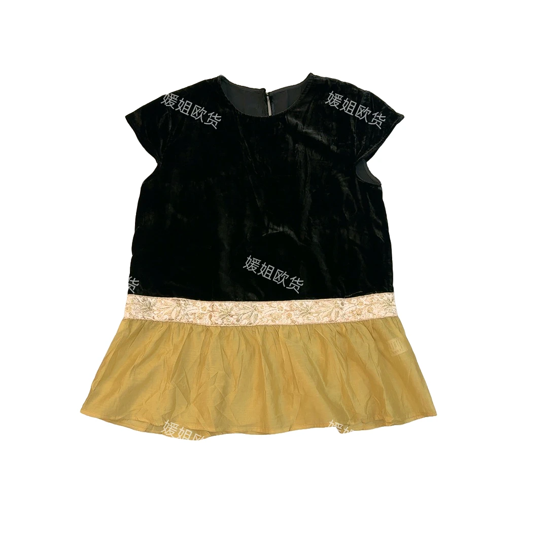 欧货新品撞色真丝丝绒拼接刺绣2025夏季圆领短袖上衣女时尚款