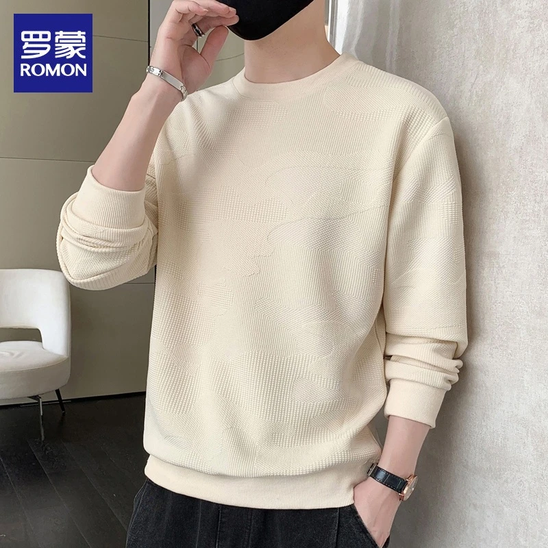 罗蒙男士华夫格卫衣秋季新款宽松套头打底衫上衣休闲长袖t恤男装