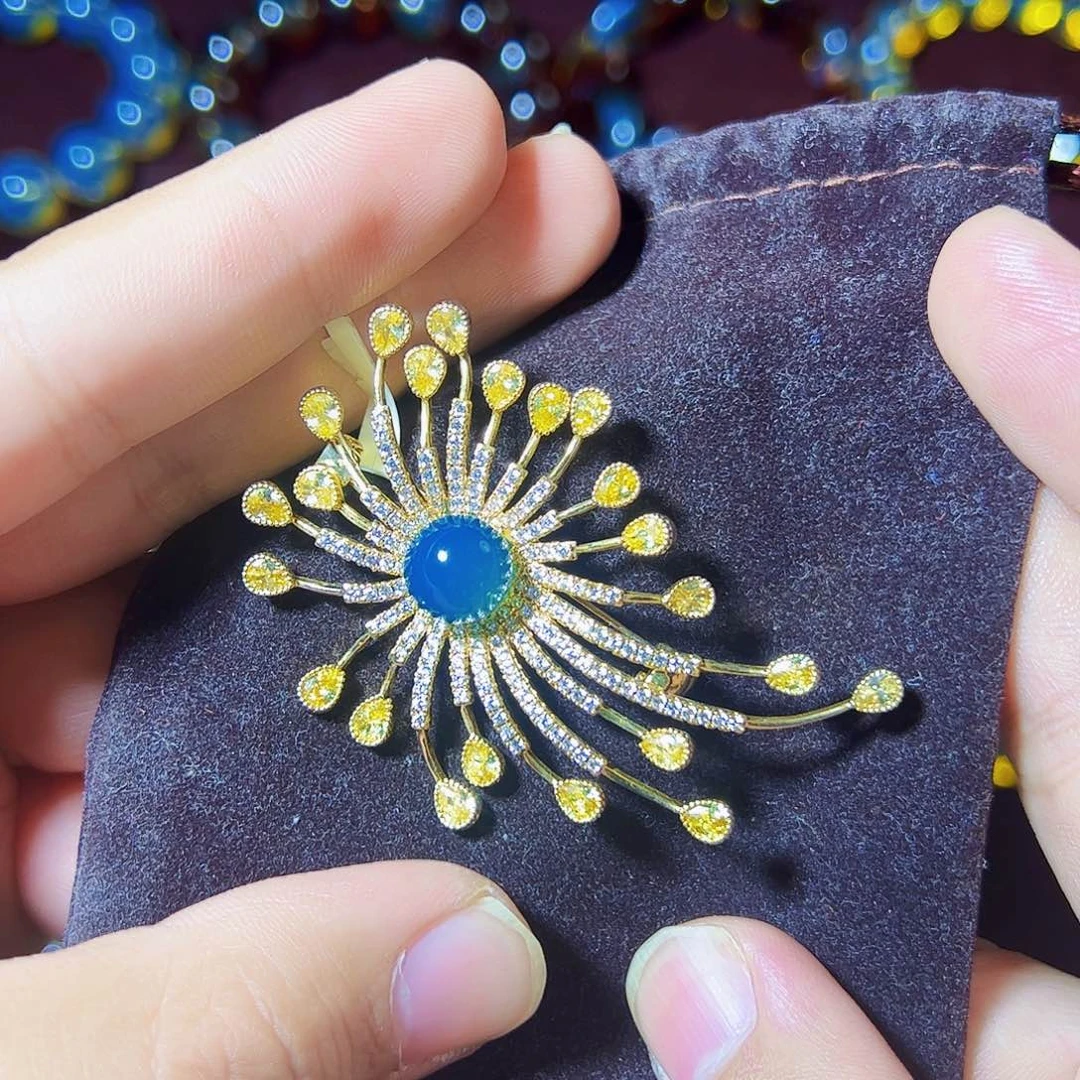 蓝珀珠宝奇石银S925镶嵌多米尼加蓝珀胸针