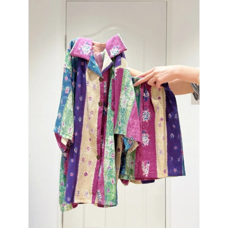 艺术油画风碎花条纹短袖睡衣女时尚家居服休闲套装可外穿SY241902