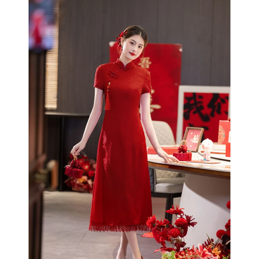 《纳福》红色旗袍订婚奥戴A摆裙高级感敬酒服女新中式2025送考6055