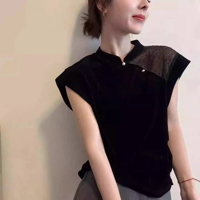 新中式上衣女2025夏季新款时尚设计感立领金丝绒拼接网纱t恤小衫