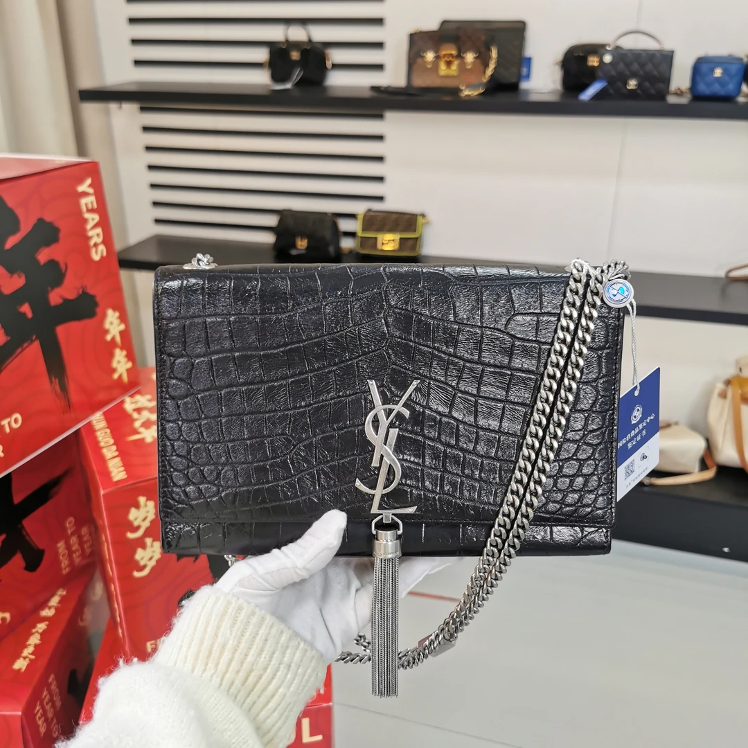 95新 YSL/圣罗兰 黑银kate链条包斜挎包（配流苏）