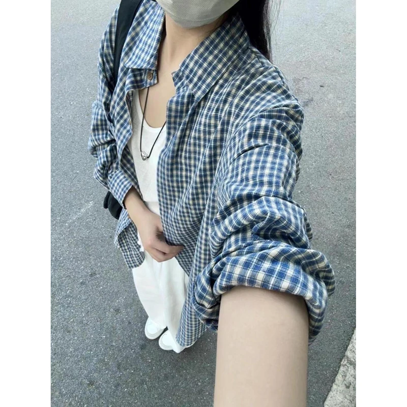韩系蓝色格子衬衫外套女春季新款宽松休闲休闲风气质长袖衬衣潮