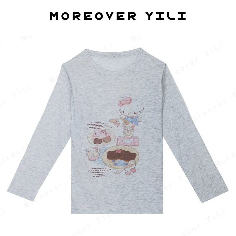 Moreover YiLi2025新款夏季卡通KT猫印花egg罩衫长袖T恤女圆领