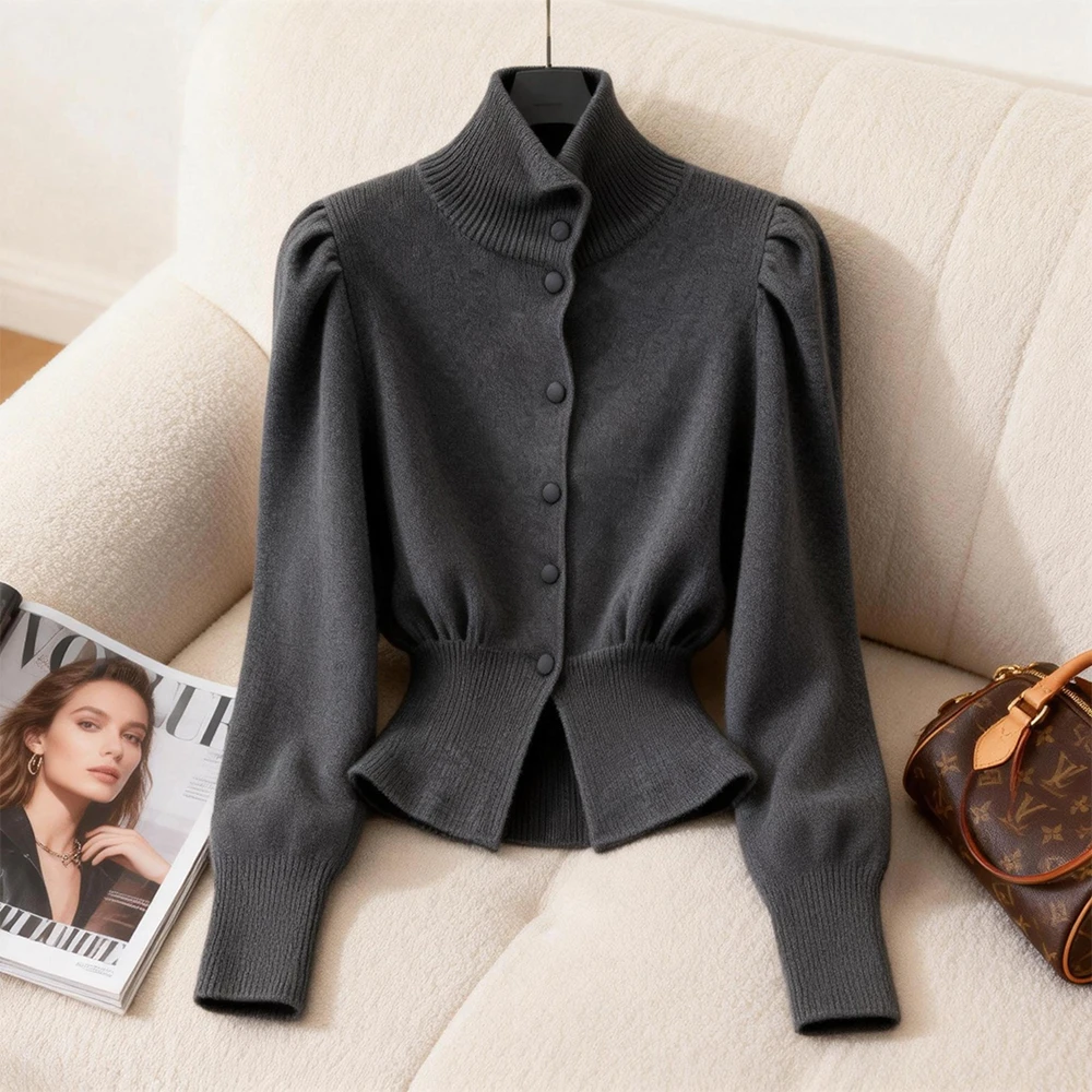 秋冬季新款高端轻熟气质内搭深灰针织衫女法式小香风掐腰高领毛衣