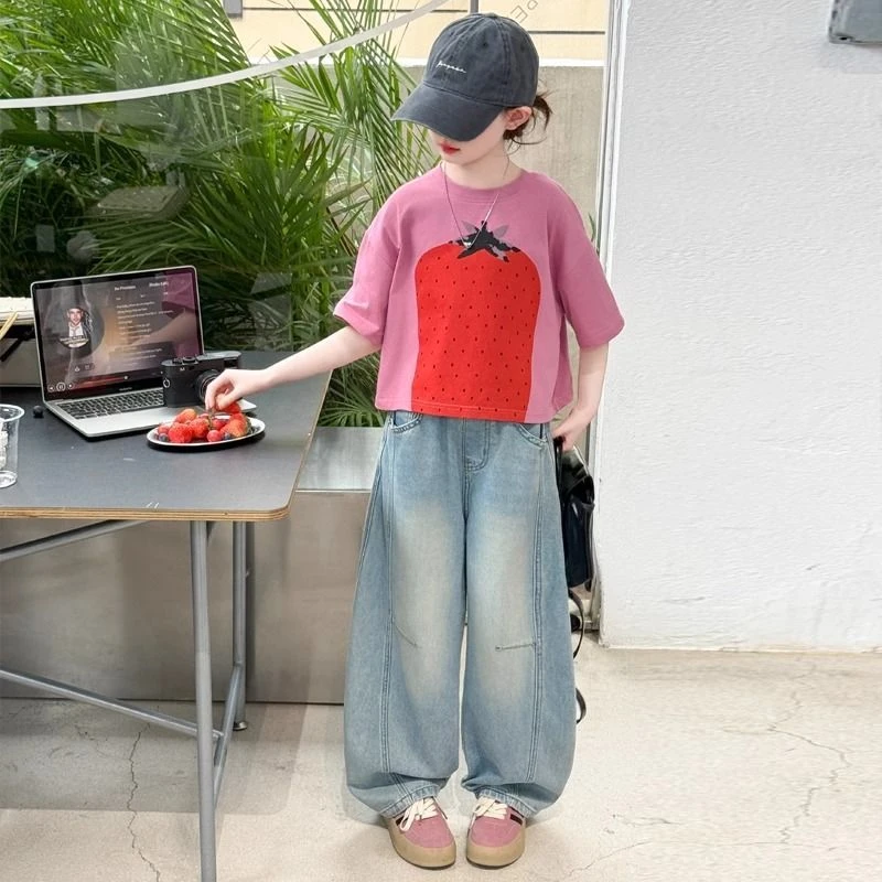 女童套装夏装2025新款儿童洋气短款宽松短袖中大童夏季牛仔裤两件