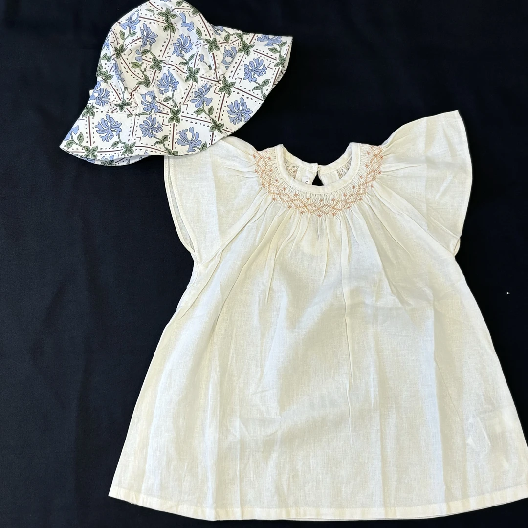 女童连衣裙泡泡袖纯色休闲风宝宝刺绣T裙蕾丝夏季