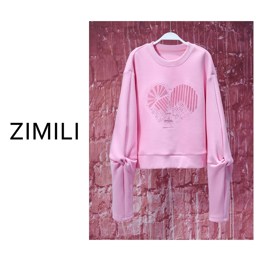 【LIANG哥女装】2025欧式时尚休闲慕斯粉爱心绣花休闲卫衣6319