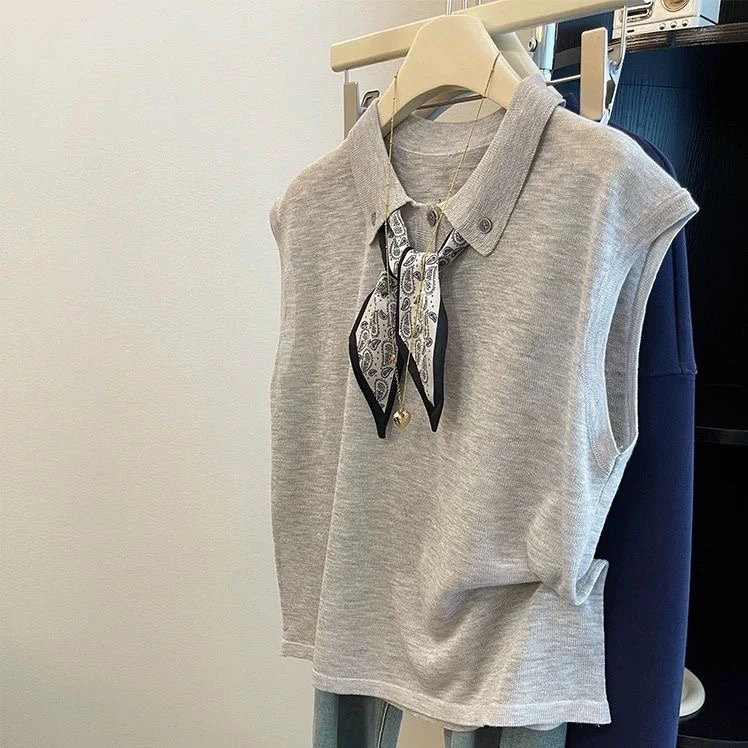 大码冰丝上衣女【80-180斤】无袖别致小衫法式丝巾洋气气质显瘦T恤