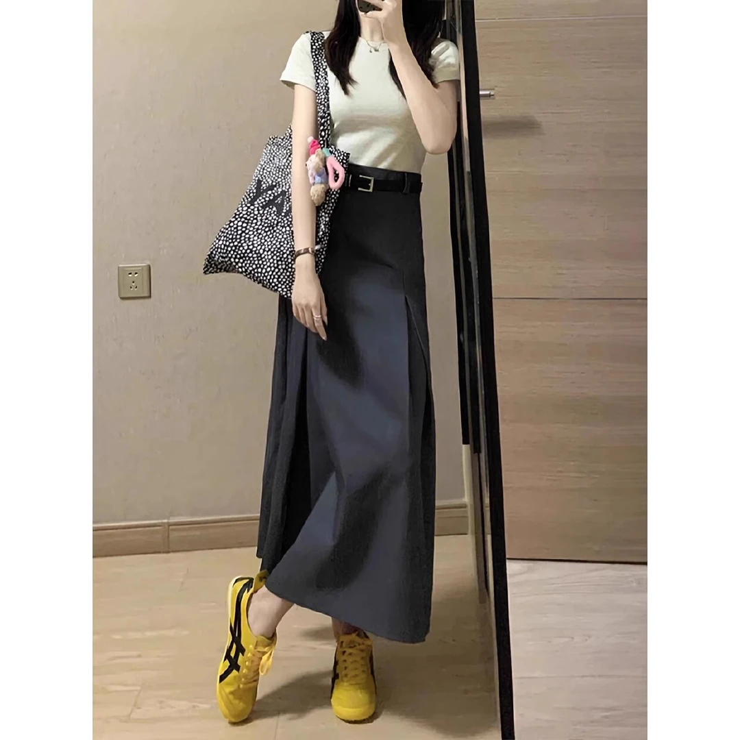 灰色西装半身裙女2025新款秋季大码高腰休闲显瘦小个子A字长裙子