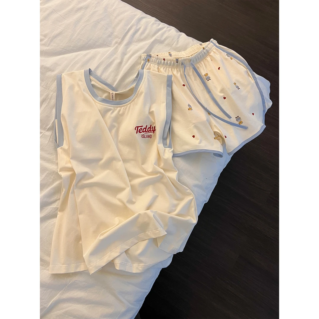 可爱泰迪熊温柔治愈风睡衣女夏季无袖舒适休闲背心短裤家居服套装