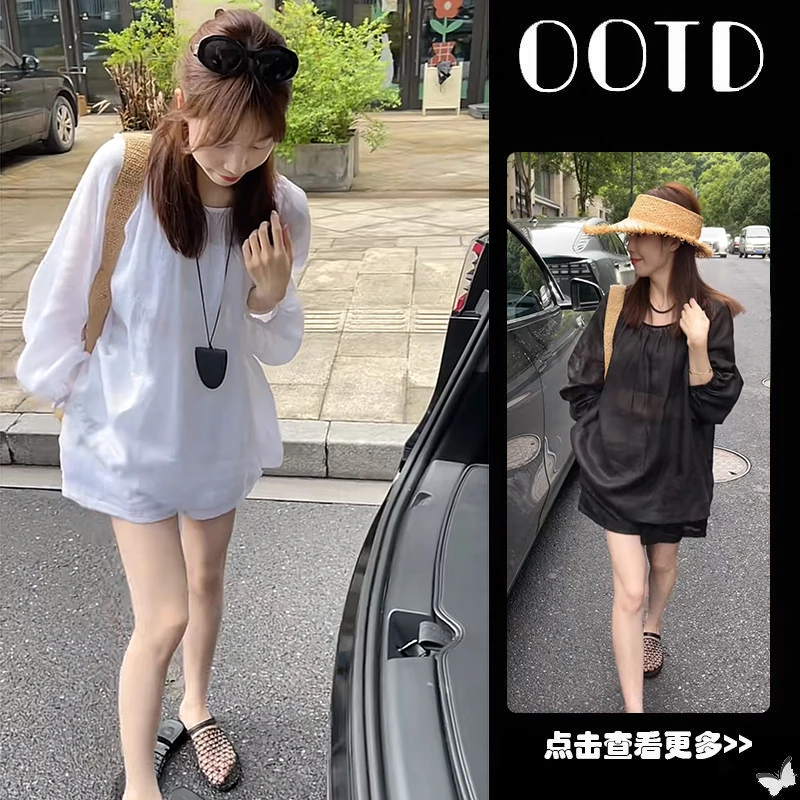 超火夏季穿搭一整套女2025新款慵懒风防晒长袖上衣休闲短裤两件套