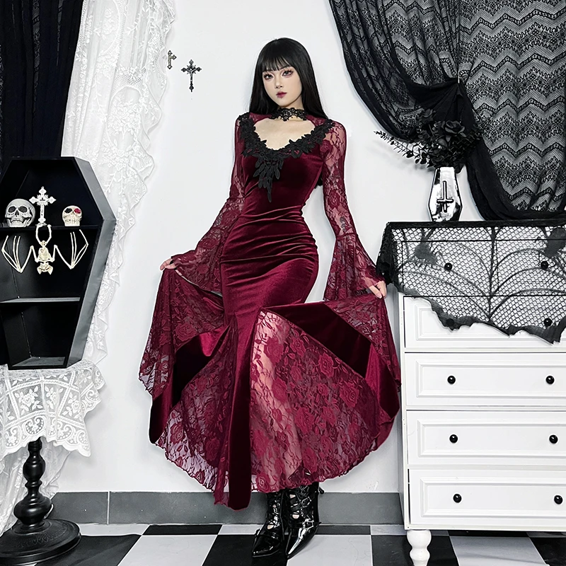 万圣节服装蕾丝包臀鱼尾连衣裙裙子暗黑系红色COS服穿搭礼服裙