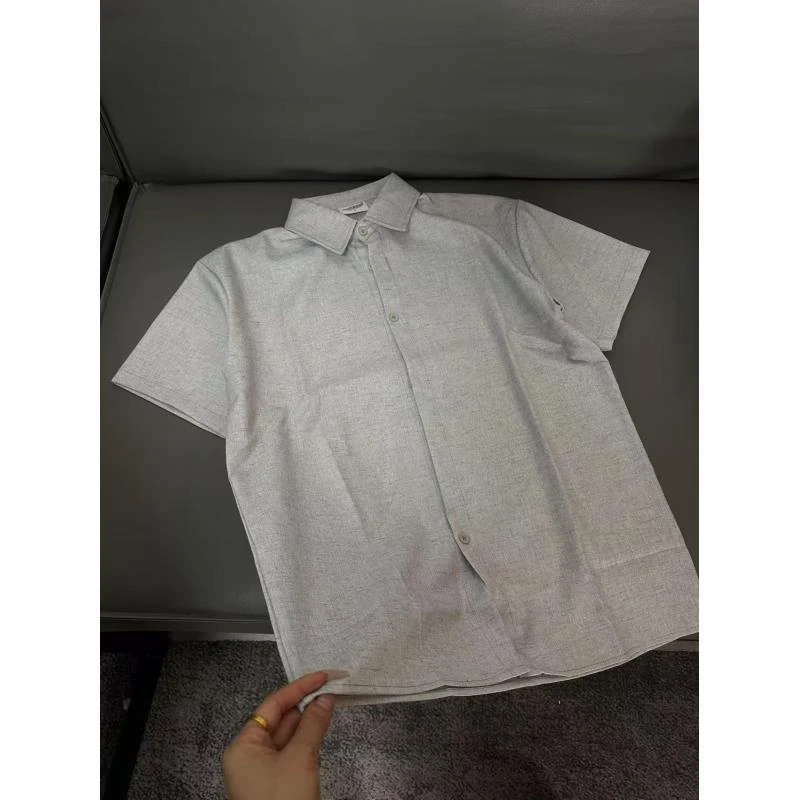 Z149 淡灰色亚麻混纺正肩短袖衬衫夏季轻薄透气高级感休闲衬衣