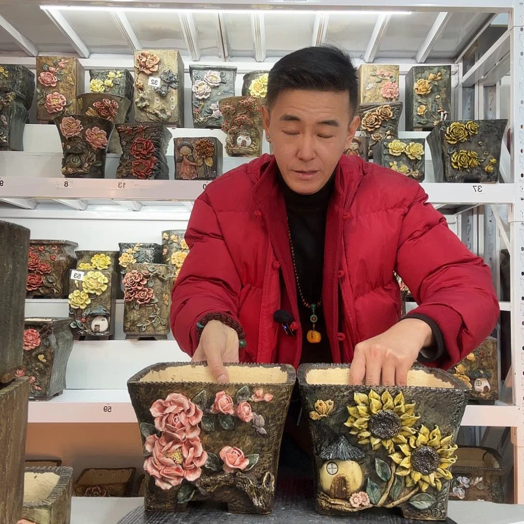 红陶?****青默花器麦饭石花盆