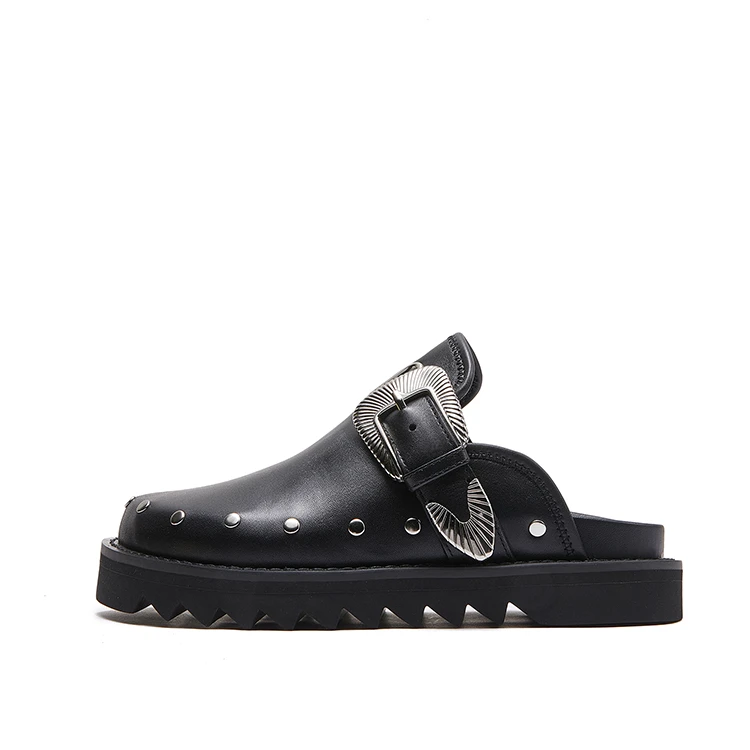 新款夏季极简风欧美包头圆头铆钉穆勒鞋女士平底女鞋时尚厚底外穿