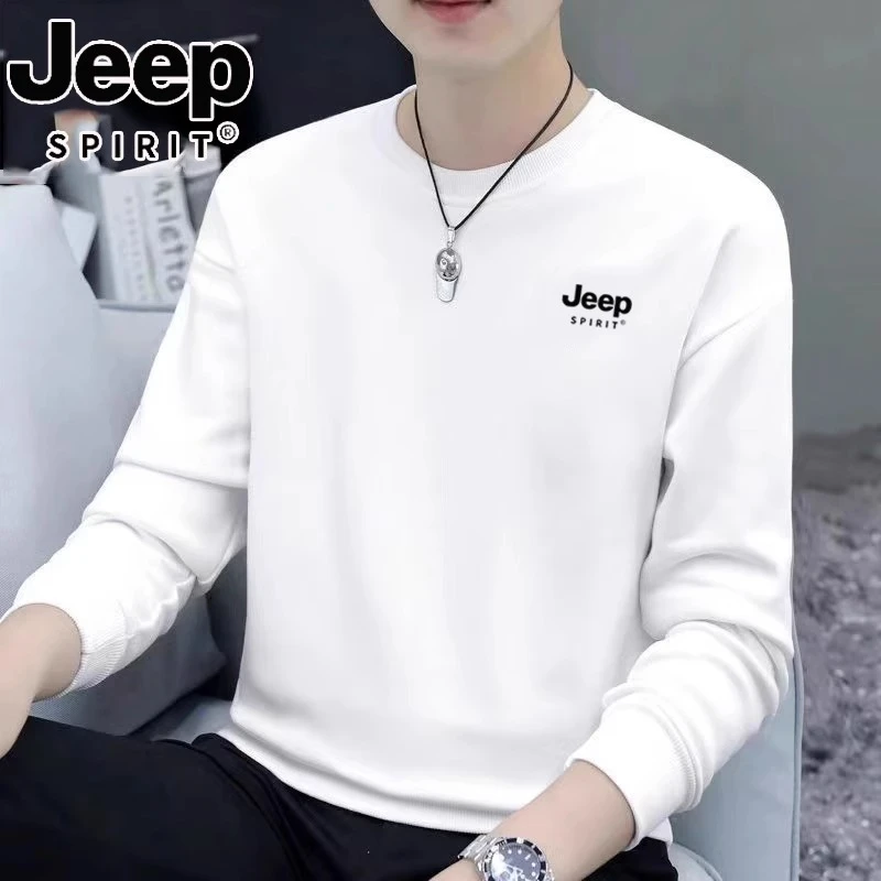 吉普卫衣男士春秋新款加绒加厚运动圆领上衣宽松休闲纯色打底衫男