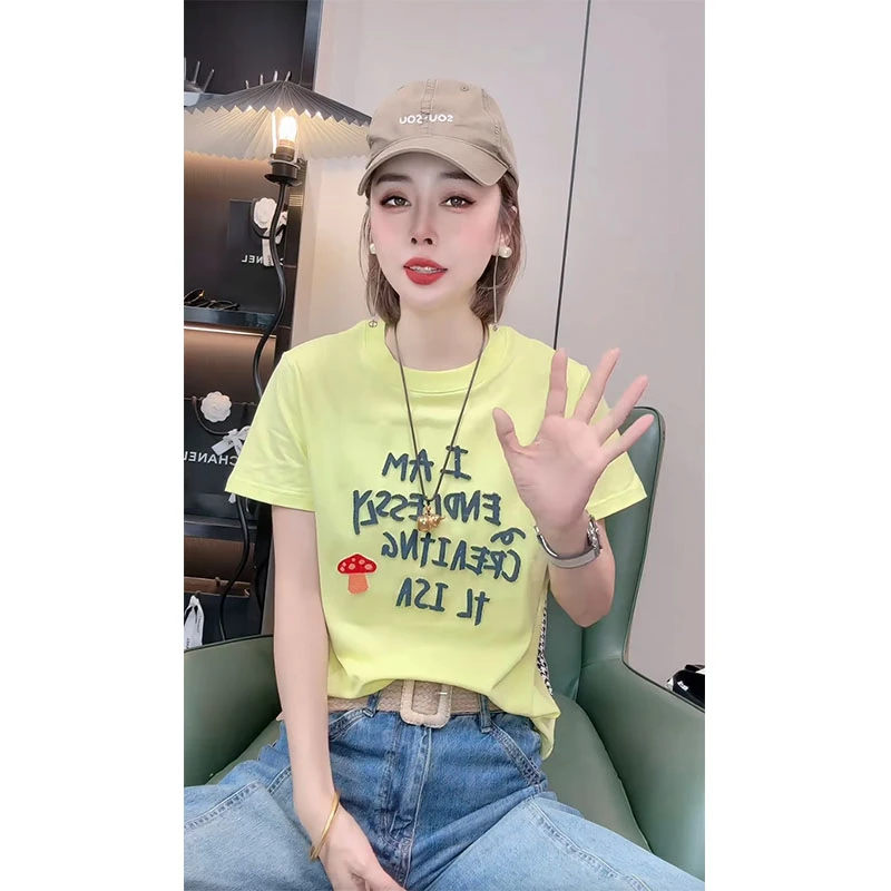 欧货2025夏季新款潮流立体字母短袖减龄时尚休闲百搭上衣女