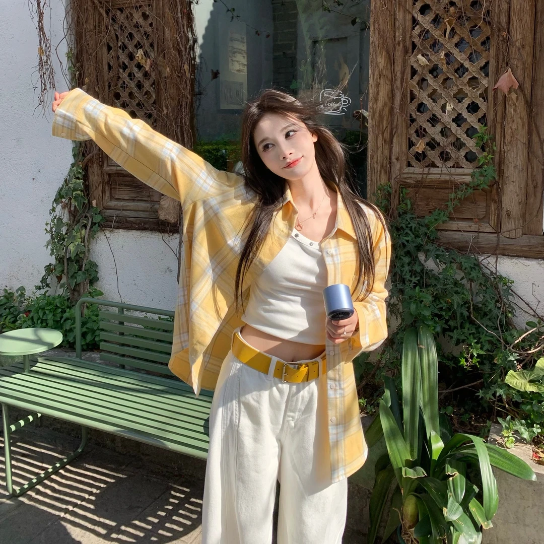 3MER撞色格纹长袖衬衫2025春季新款复古格子衬衣上衣外套