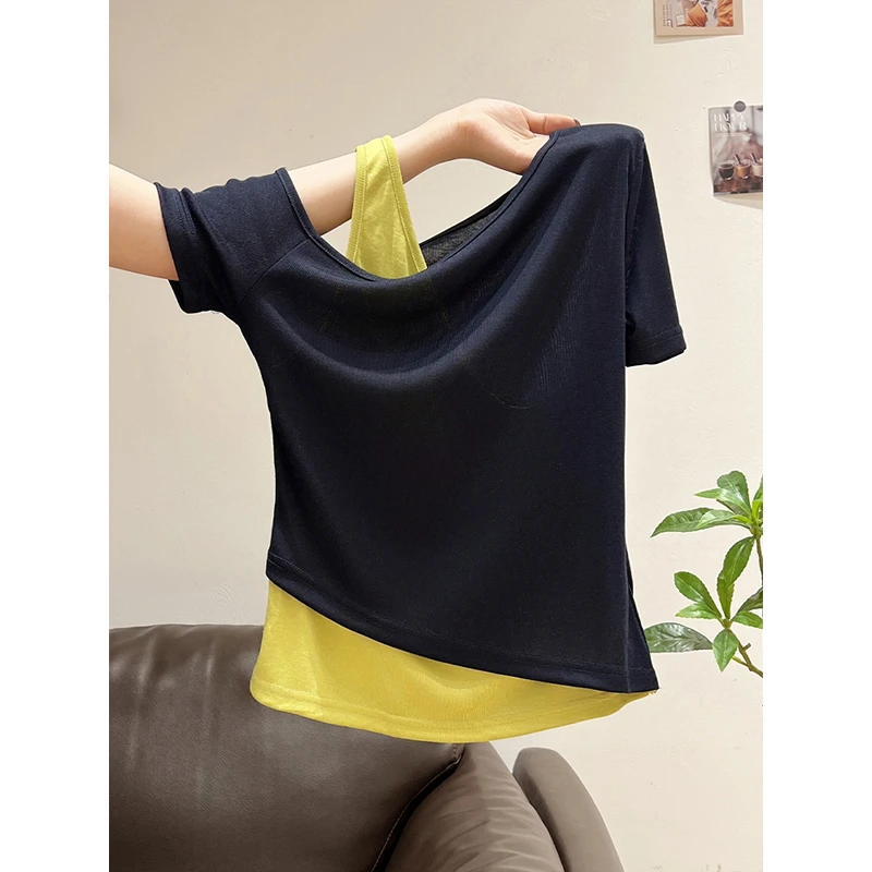 2025夏季撞色斜领露肩假两件t恤女装短袖设计感小众挂肩修身上衣