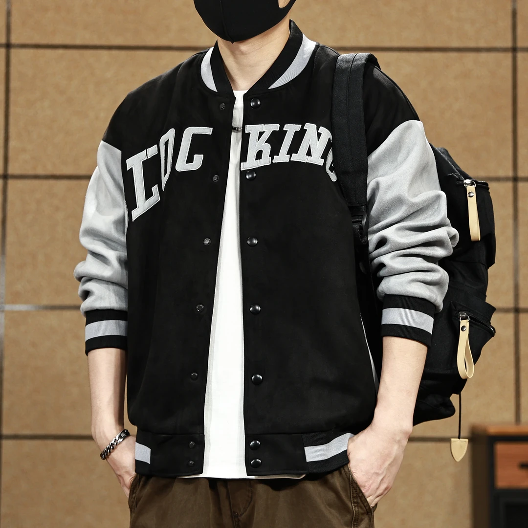 高端麂皮绒棒球服男士美式复古拼色外套春秋季新款宽松痞帅夹克男