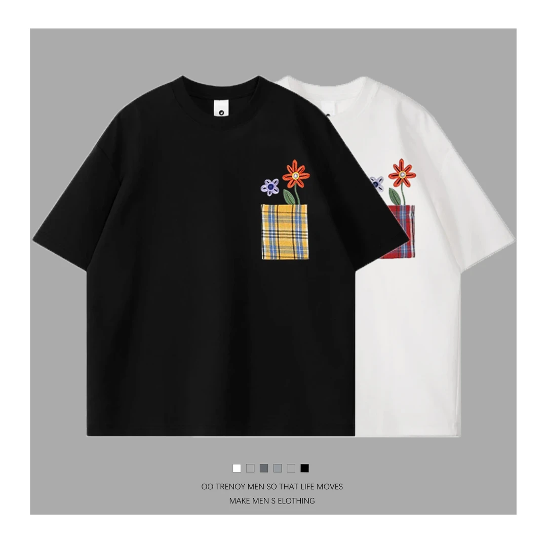 “鲜花口袋”-2025春夏重磅开叉T恤美式线条设计感圆领短袖60089