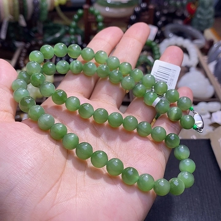 和田玉未镶嵌颈饰毕业级老坑料碧玉猫眼妈妈链8m