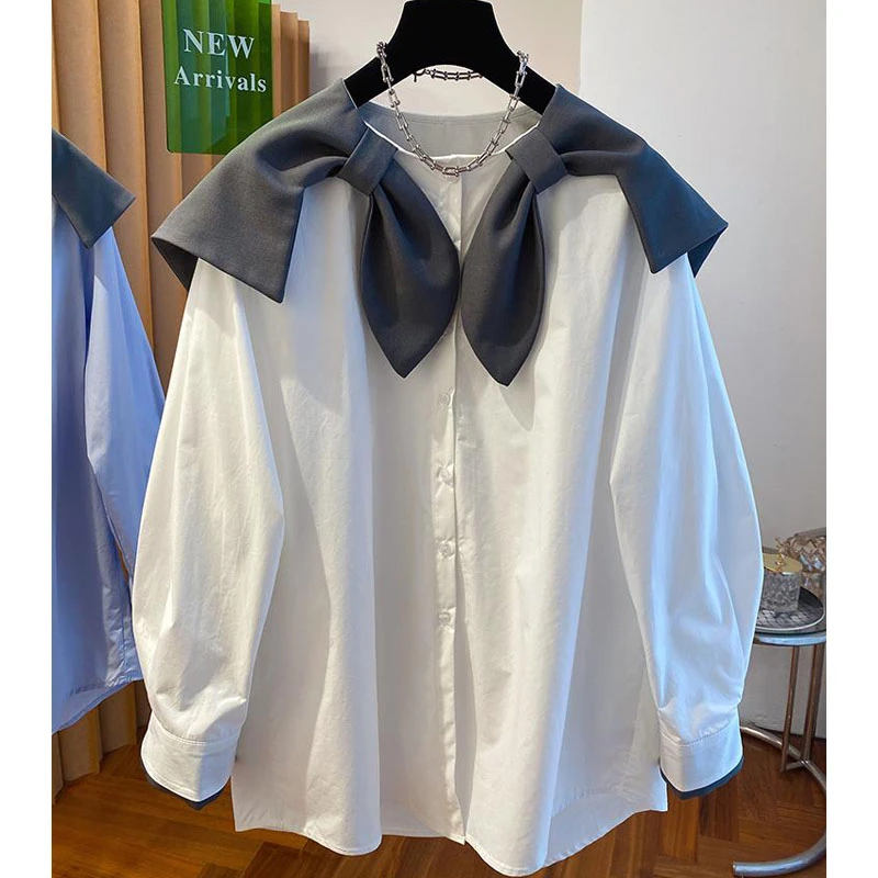 2025设计感小众蝴蝶结海军领大翻领衬衫女新款宽松减龄娃娃领上衣