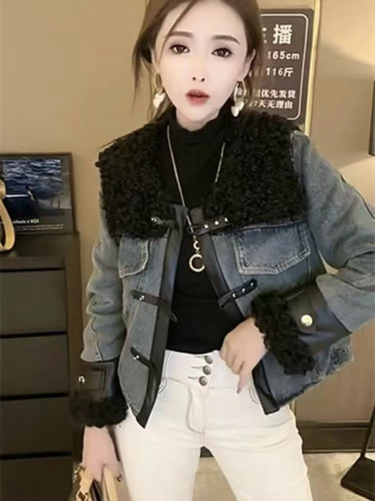 羊羔毛领拼接牛仔棉衣外套女小个子冬季爆款保暖加厚毛毛领棉服潮