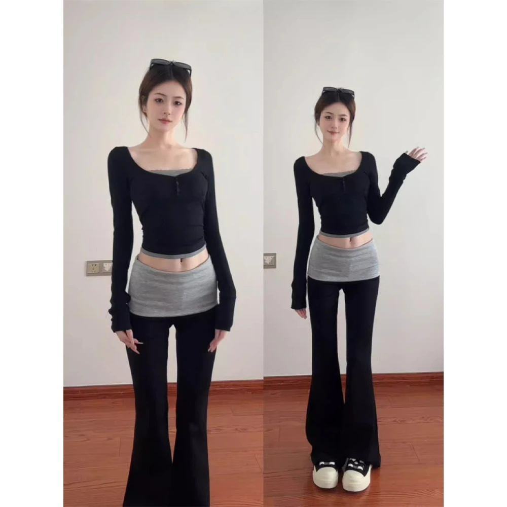 美式辣妹假两件长袖t恤女早春季2025新款内搭打底衫撞色拼接上衣