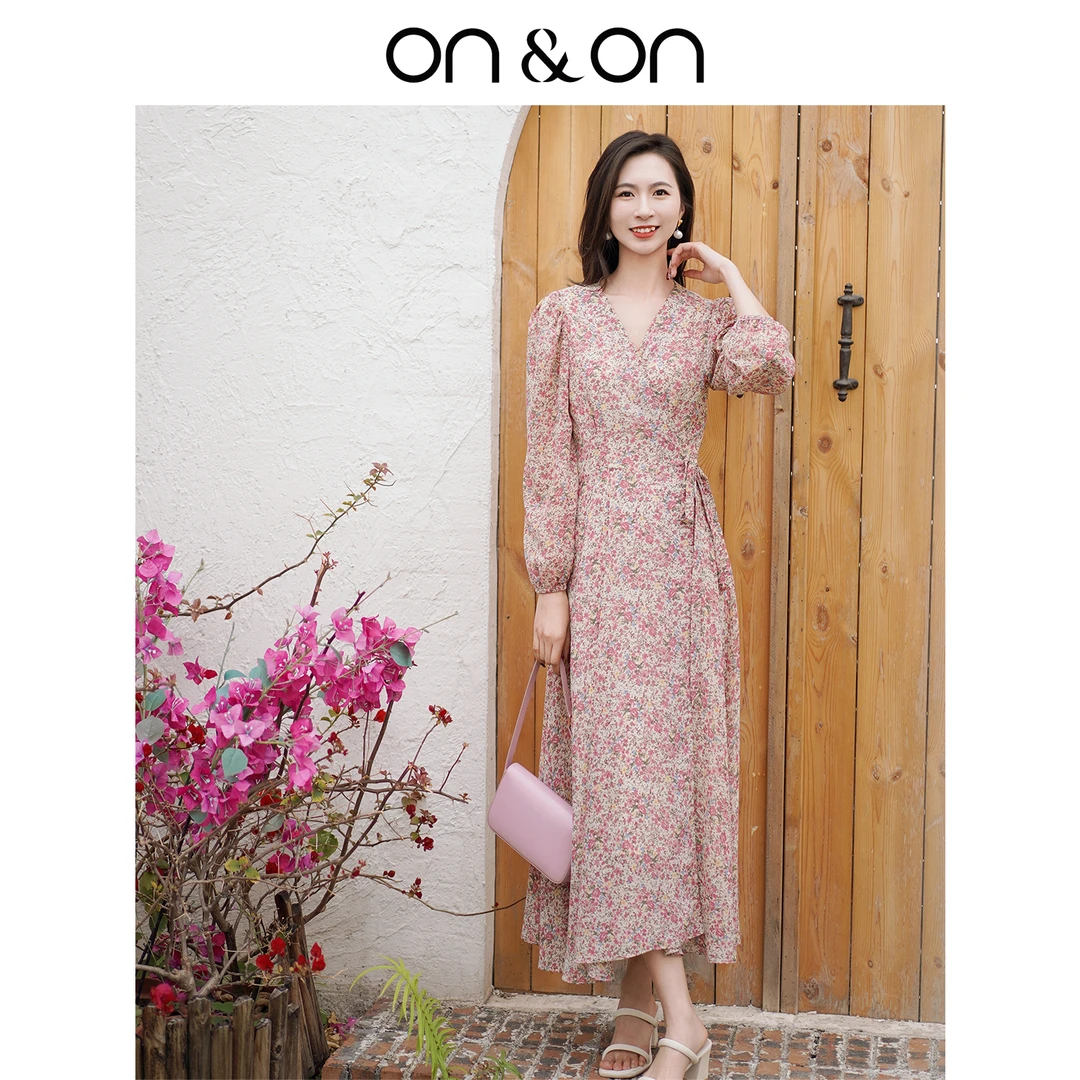 ON&ON/安乃安春秋冬女优雅一片式长袖系带碎花连衣裙N3SP16005