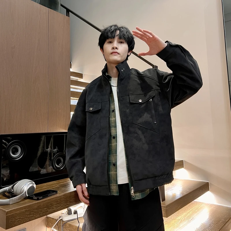 林社长2025春装新款夹克衫外套男立领痞帅潮流情侣皮夹克上衣外套