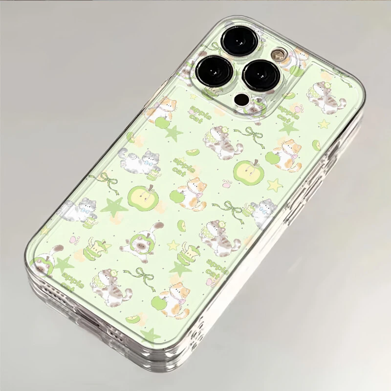 满屏青苹果猫咪适用苹果16华可爱OPPO小米VIVO透明手机壳卡通一加