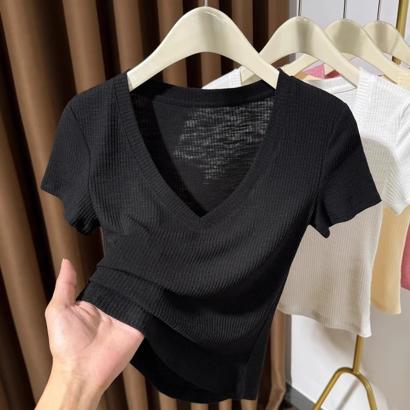深V领短款黑色冰丝T恤女2025新款竹节棉短袖内搭大领口小个子上衣