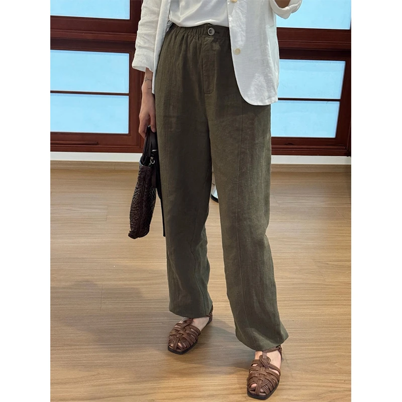 LANGQING 绿色薄款阔腿垂感舒适透气亚麻裤子44401/44537#