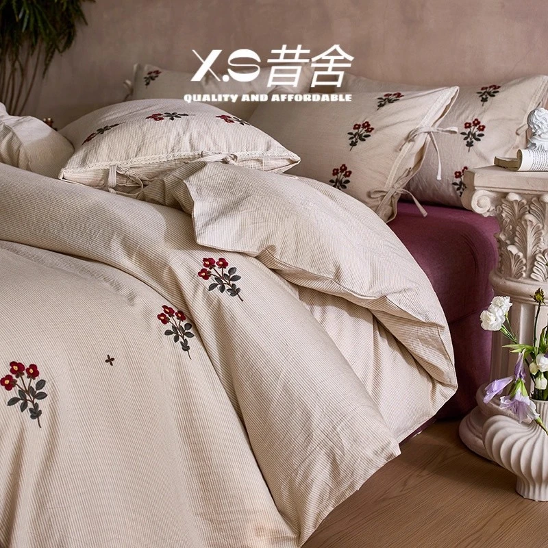复古风高级感纯棉色织提花刺绣四件套全棉床上用品床单被套主卧室