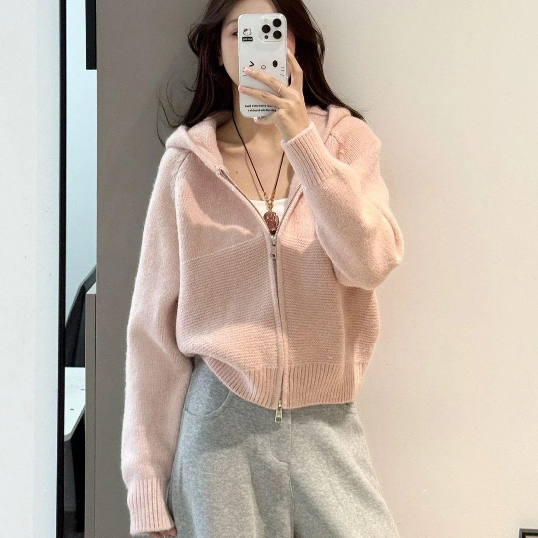 韩系连帽毛衣女秋冬新款打底百搭洋气针织上衣拉链外套加厚毛衫