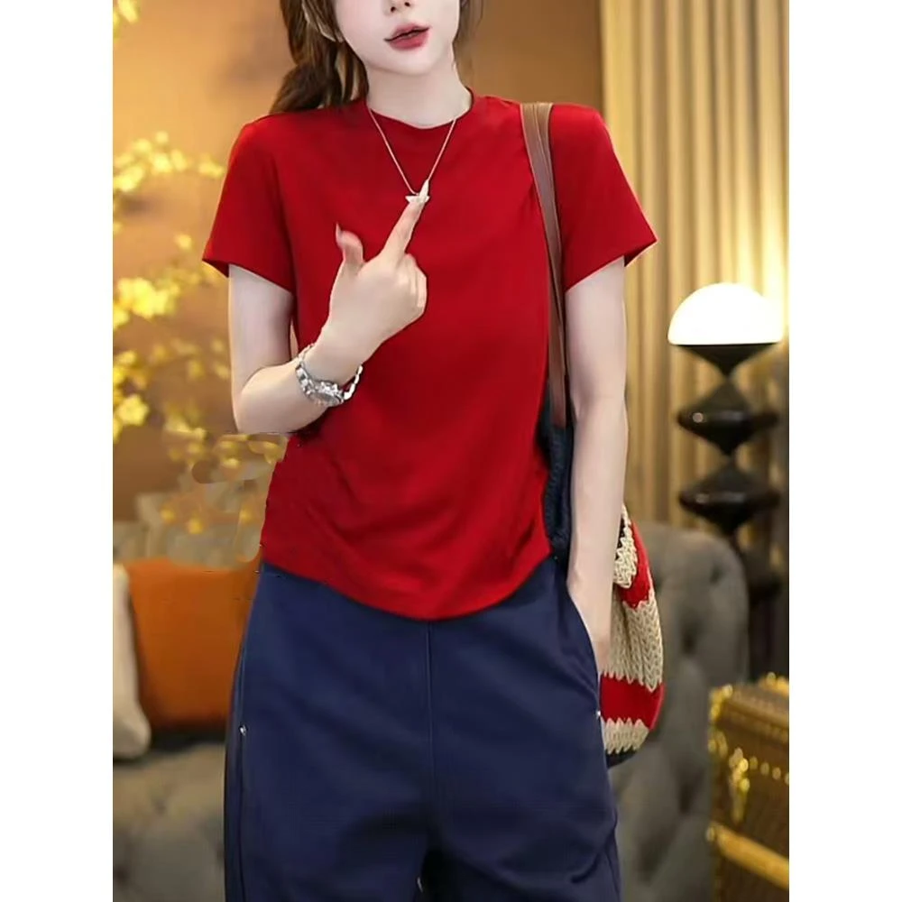 纯色简约高级感正肩小衫短袖T恤女2025夏季新款修身百搭红色上衣