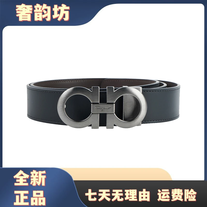 未使用 FERRAGAMO/菲拉格慕 哑光双面板扣 牛皮革 黑色 宽3.5cm