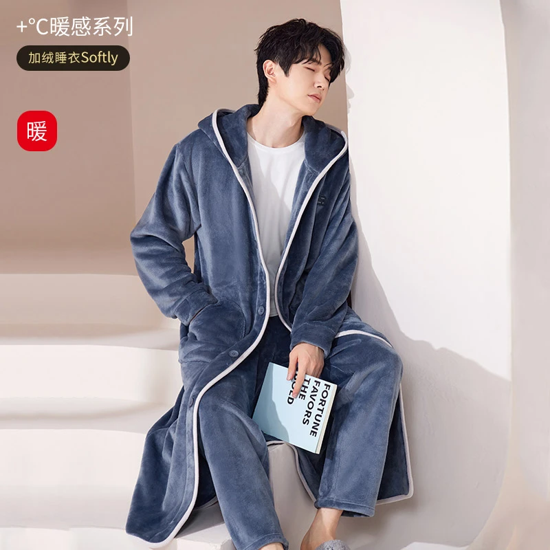 男士睡衣秋冬季珊瑚绒加绒加厚冬天加长款睡袍男法兰绒浴袍家居服