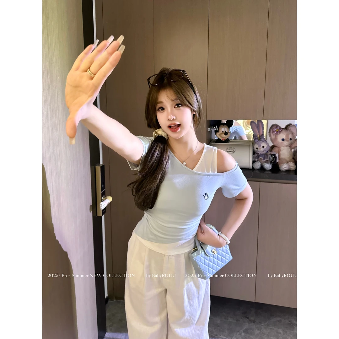 【元气夏日】温与柔撞色斜肩假两件修身显瘦设计感上衣