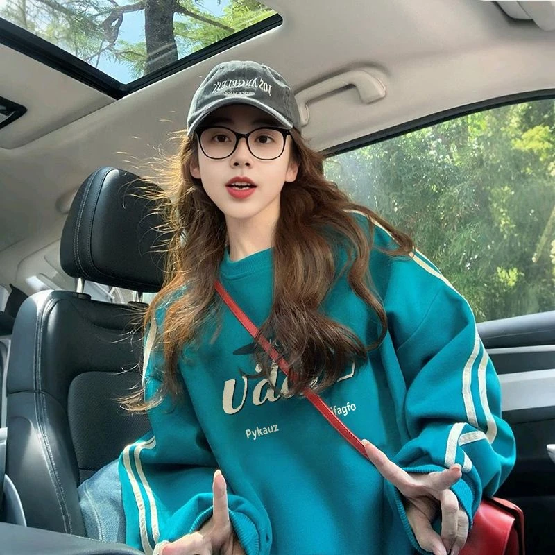美式复古条纹卫衣女春秋薄款ins潮牌高级感时尚宽松上衣oversize
