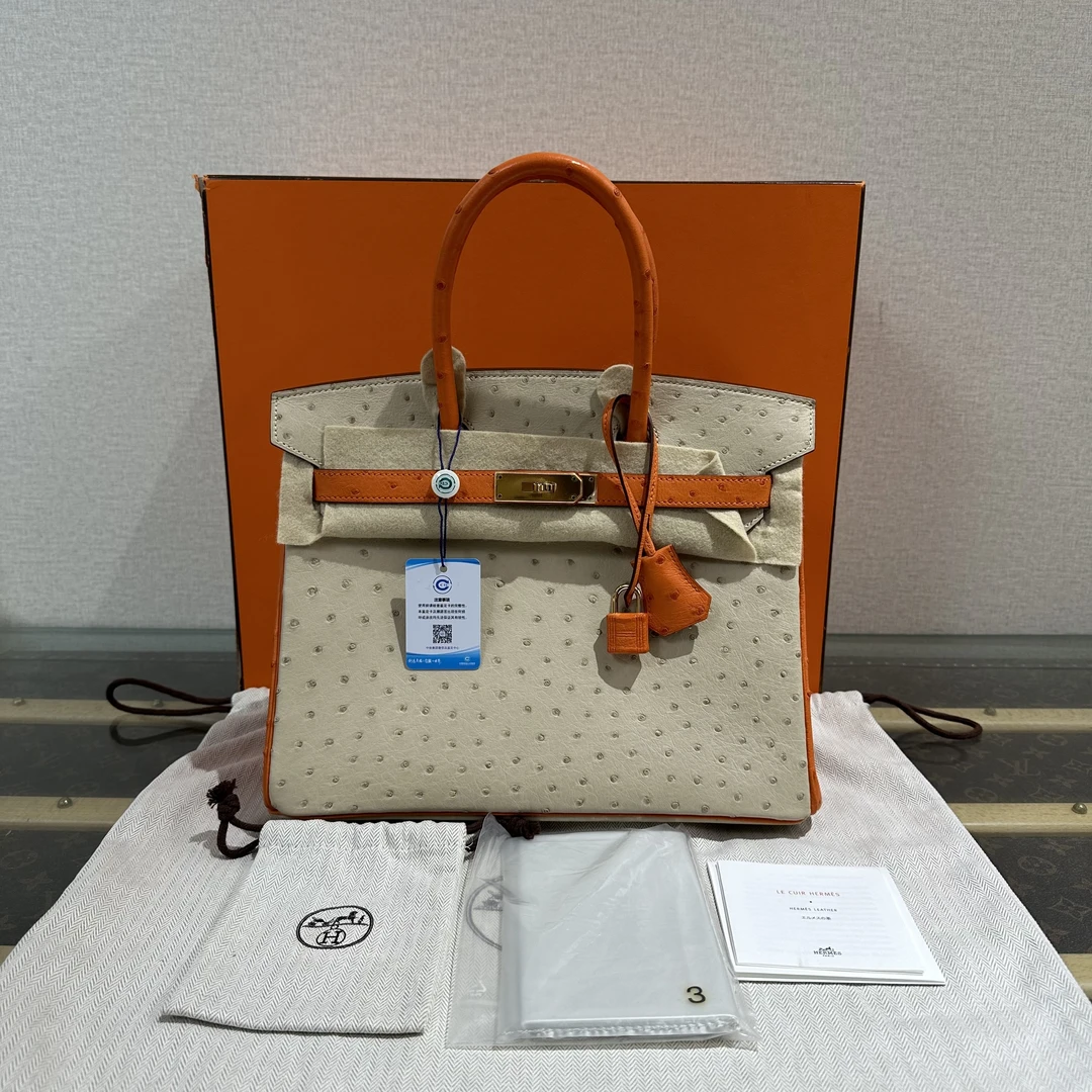 99新 Hermes/爱马仕 Birkin30拼色金扣鸵鸟皮手提包 51323